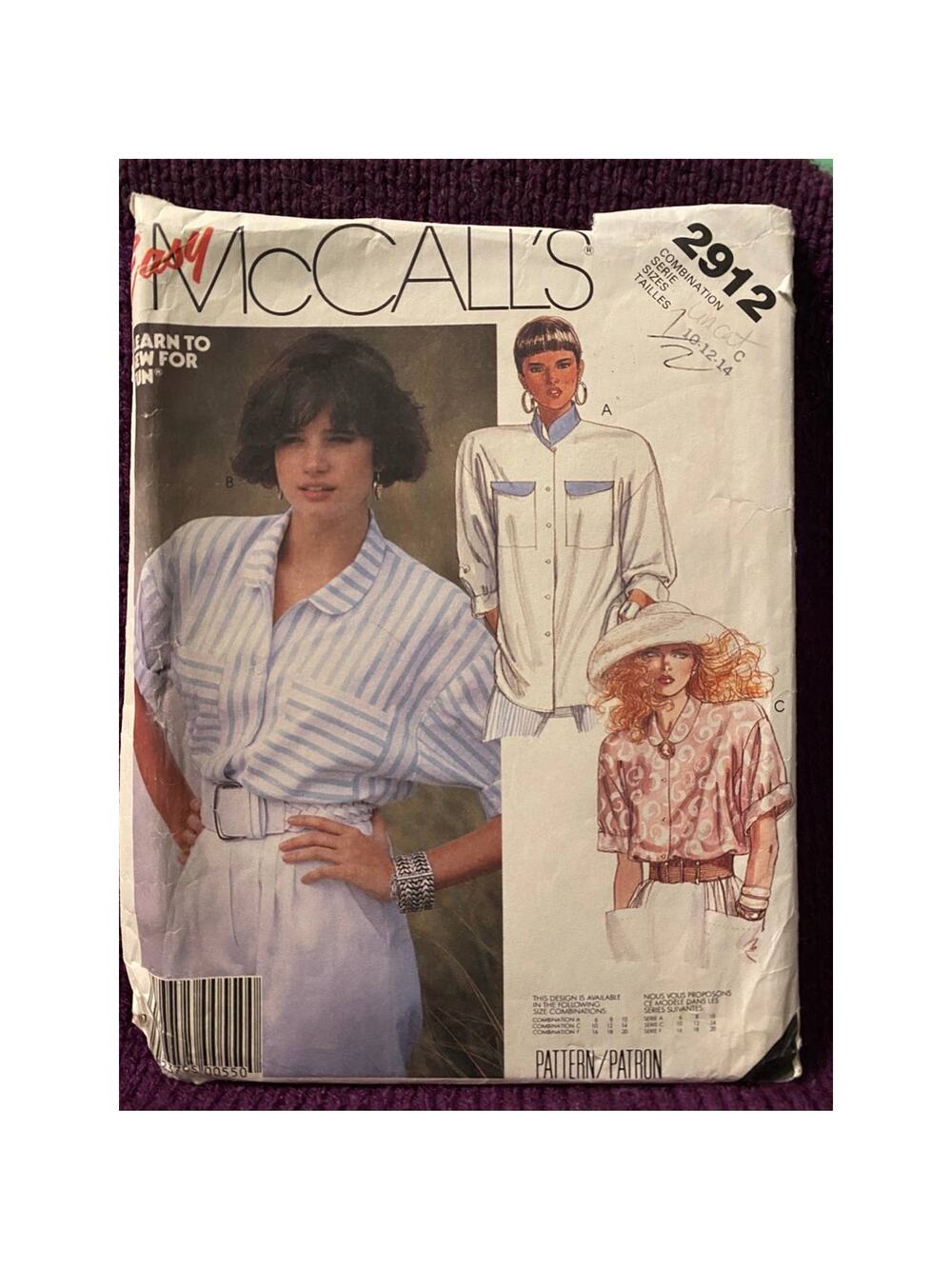 McCalls Sewing pattern 2912 button down top sz 10 12 14